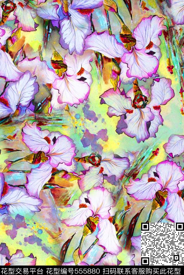 花卉蝴蝶花四方连续数码印花华亿平台下载（图片编号: 555880） - 瓦栏（Walan）