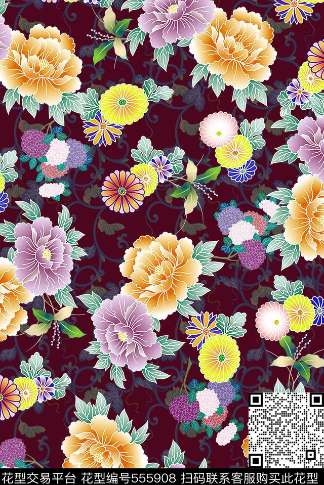 中东风格和服风格中东风格日本风格花卉asdf数码印花华亿平台下载（图片编号: 555908） - 瓦栏（Walan）