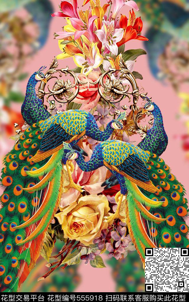 服装设计孔雀花卉时尚大牌欧美风格数码印花华亿平台下载（图片编号: 555918） - 瓦栏（Walan）
