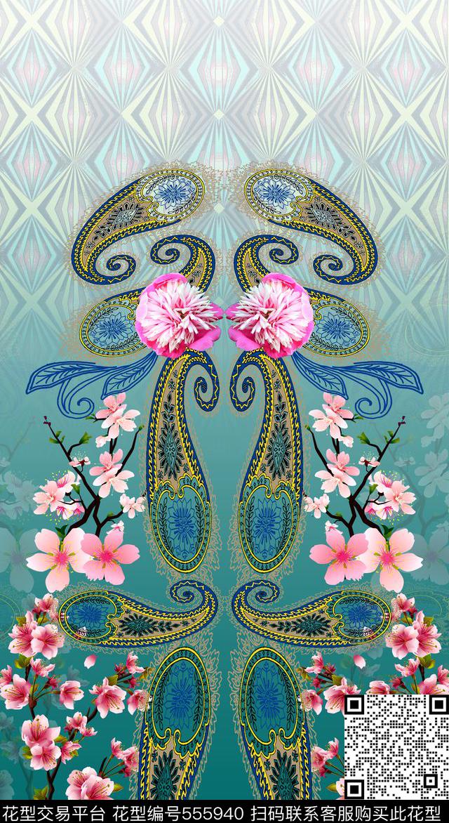 时尚墨绿腰果数码印花华亿平台下载（图片编号: 555940） - 瓦栏（Walan）