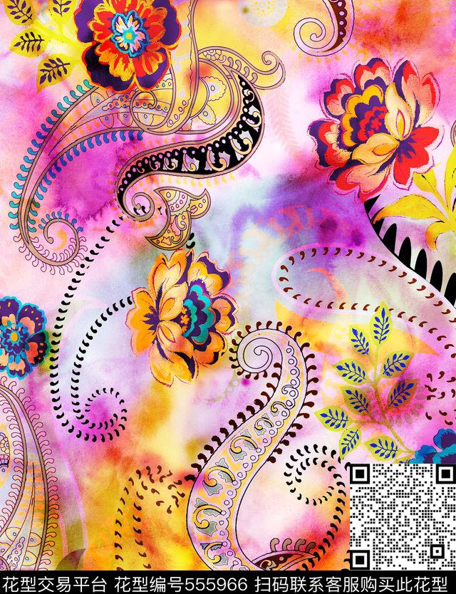 扎染腰果渲染效果数码印花华亿平台下载（图片编号: 555966） - 瓦栏（Walan）