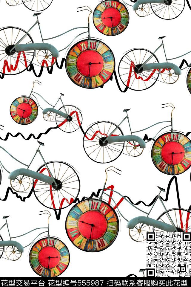 纯色底自行车线条数码印花华亿平台下载（图片编号: 555987） - 瓦栏（Walan）