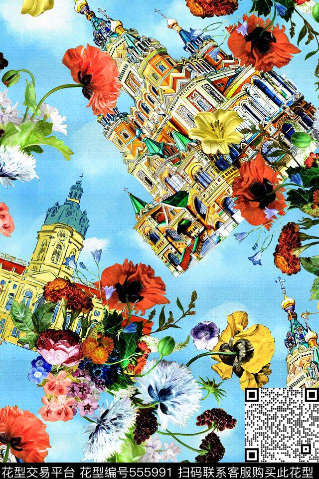 时尚建筑花卉数码印花华亿平台下载（图片编号: 555991） - 瓦栏（Walan）