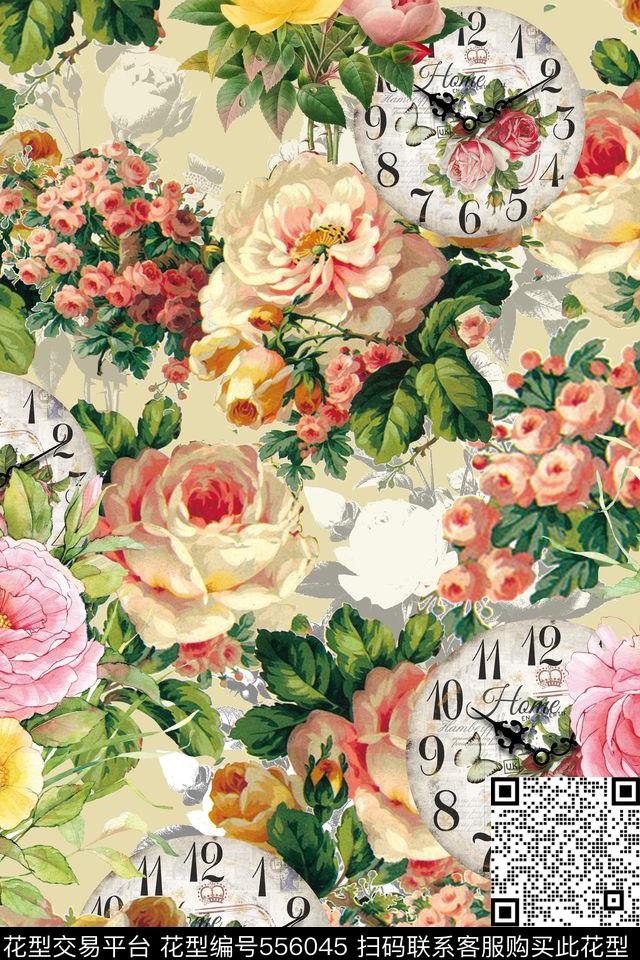 复古欧式宫廷风复古典雅花卉牡丹玫瑰复古钟表大牌女装女士长裙数码印花华亿平台下载（图片编号: 556045） - 瓦栏（Walan）