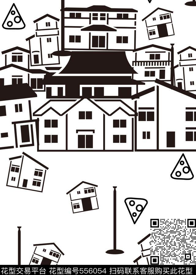 婴童卡通房屋黑白剪影传统印花华亿平台下载（图片编号: 556054） - 瓦栏（Walan）