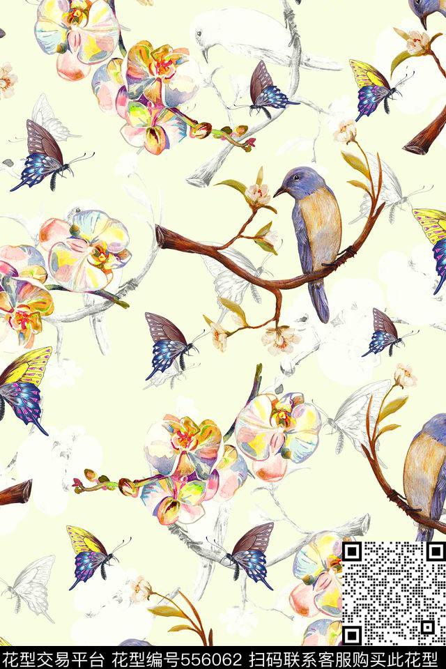 手绘时尚素雅花鸟蝴蝶花卉女装卫衣衬衫连衣裙围巾T桖兰花树枝asdf数码印花华亿平台下载（图片编号: 556062） - 瓦栏（Walan）