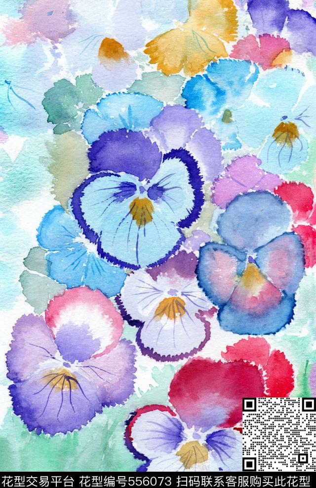 手绘水彩花卉数码印花华亿平台下载（图片编号: 556073） - 瓦栏（Walan）