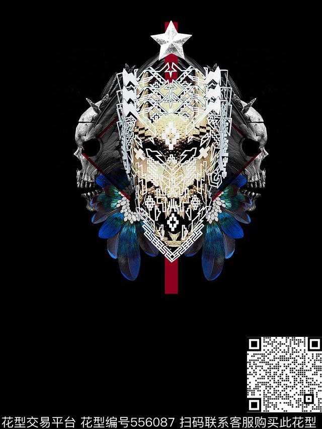 复古骷髅头孔雀羽毛欧美大牌风格数码印花华亿平台下载（图片编号: 556087） - 瓦栏（Walan）