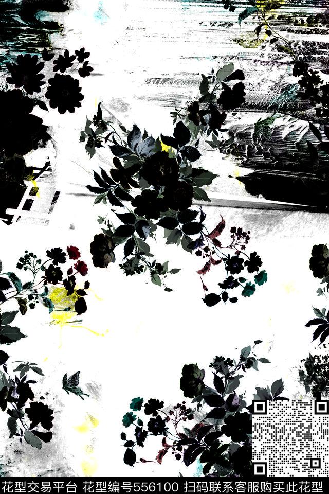 花卉黑白手绘数码印花华亿平台下载（图片编号: 556100） - 瓦栏（Walan）