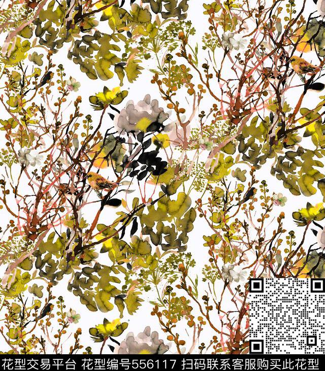 写意花卉水墨bird数码印花华亿平台下载（图片编号: 556117） - 瓦栏（Walan）