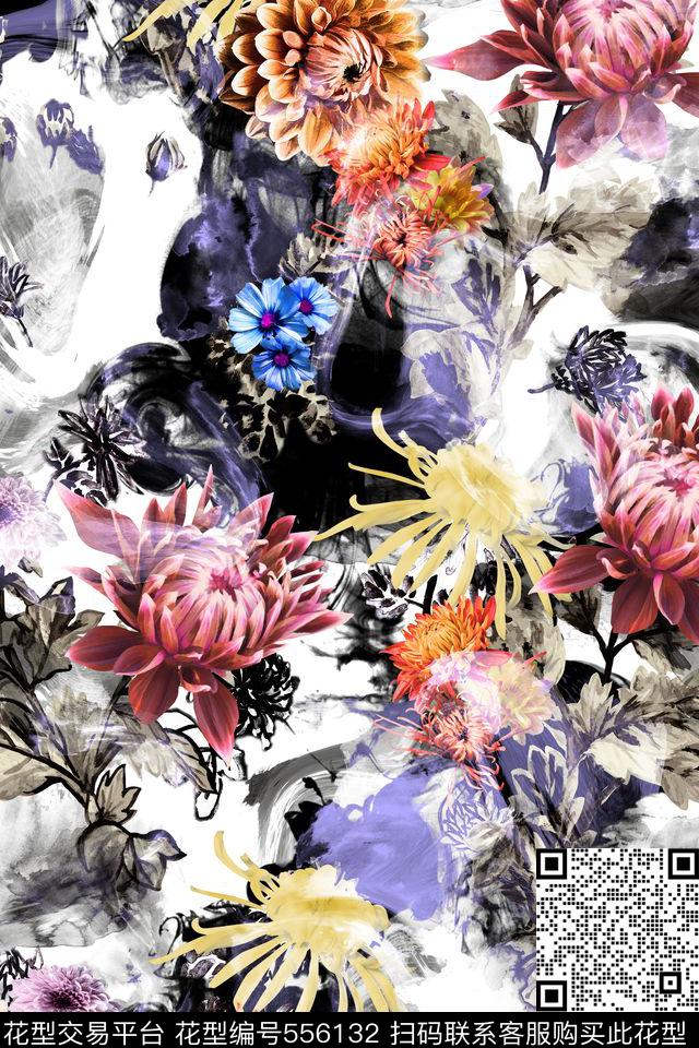 中国风手绘菊花水墨背景数码印花华亿平台下载（图片编号: 556132） - 瓦栏（Walan）
