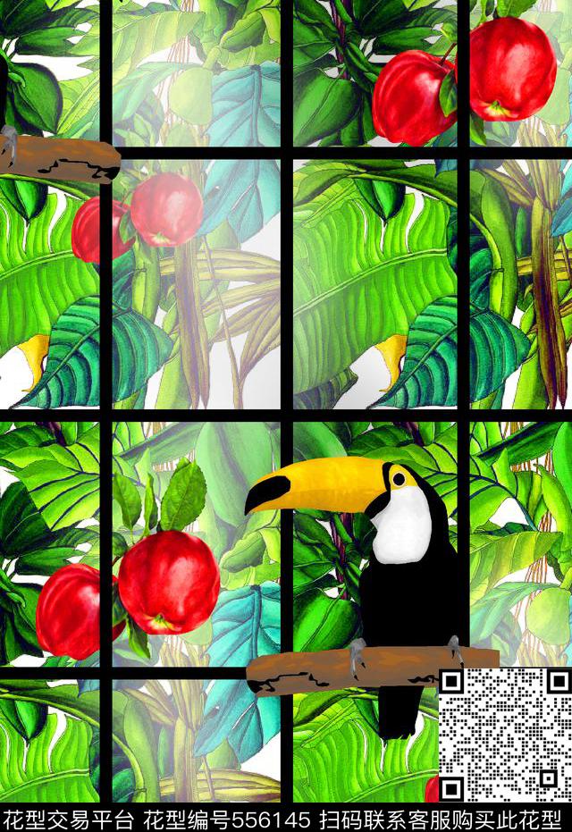 时尚热带风情彩色鸟水果花卉数码印花华亿平台下载（图片编号: 556145） - 瓦栏（Walan）