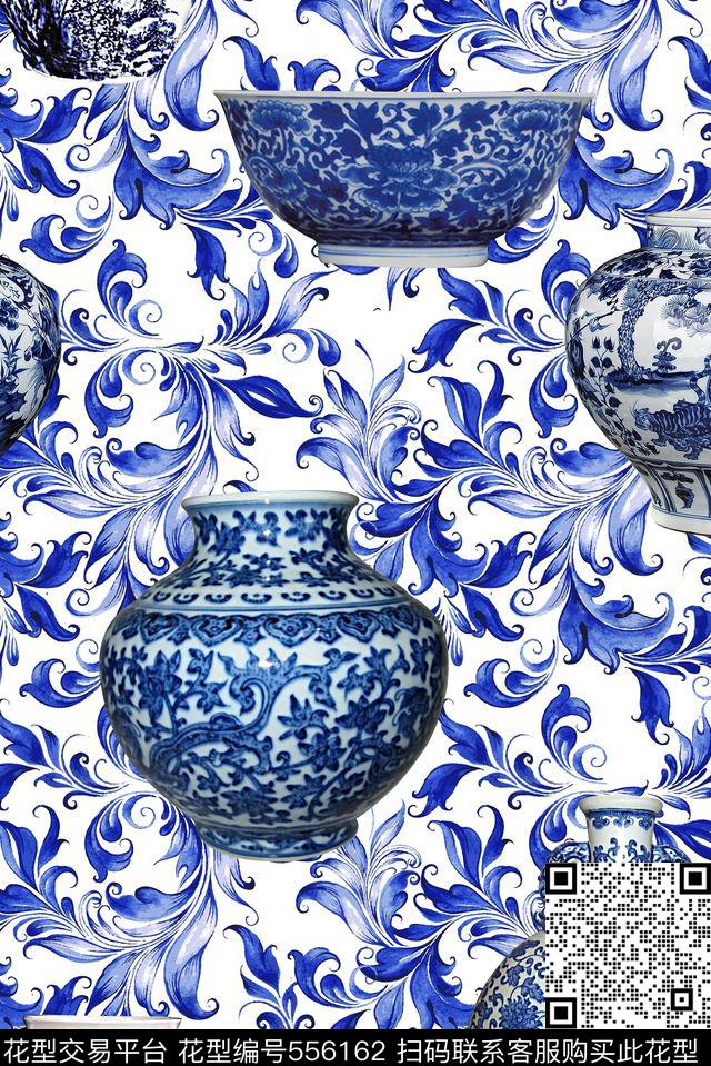 中国风青花瓷华亿平台青花瓷瓶子数码印花华亿平台下载（图片编号: 556162） - 瓦栏（Walan）