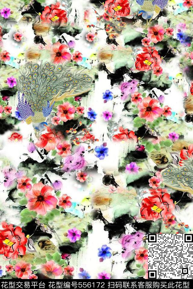 手绘大牌中国风水墨水彩梦幻花卉孔雀开屏服装手绘大牌水墨梦幻花卉孔雀开屏服装中国风数码印花华亿平台下载（图片编号: 556172） - 瓦栏（Walan）