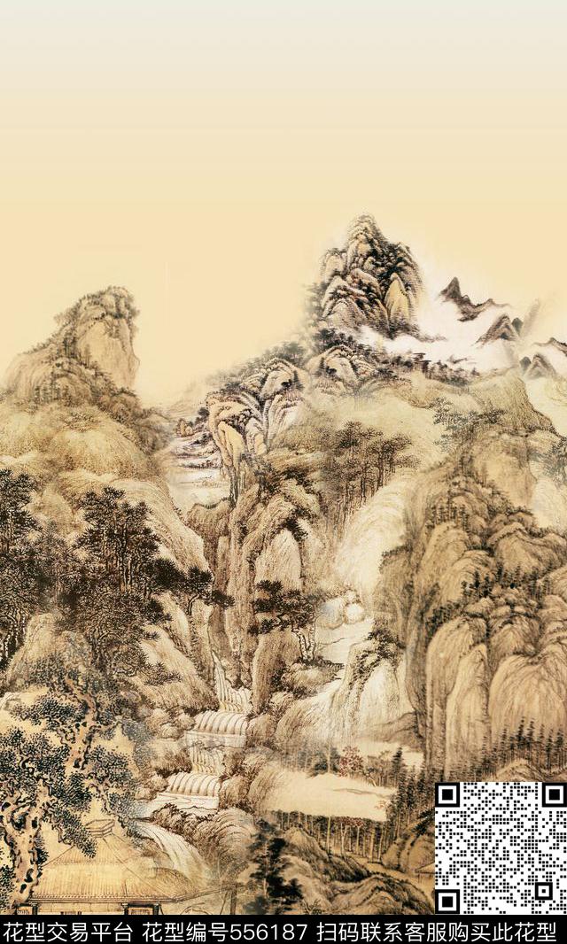 国画风格建筑山水定位麻质面料数码印花华亿平台下载（图片编号: 556187） - 瓦栏（Walan）