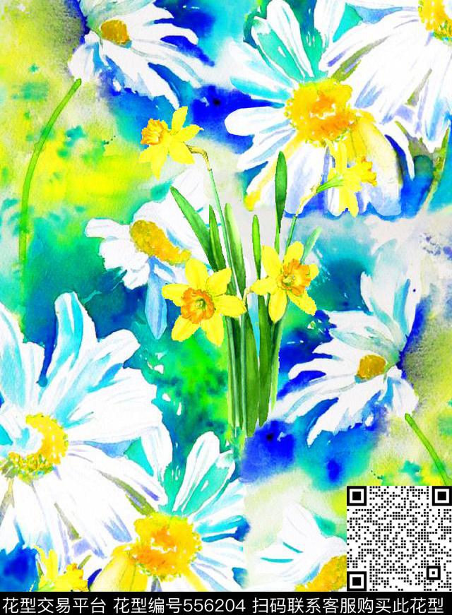 抽象女装图案手绘水彩花卉女装裙图案数码印花华亿平台下载（图片编号: 556204） - 瓦栏（Walan）