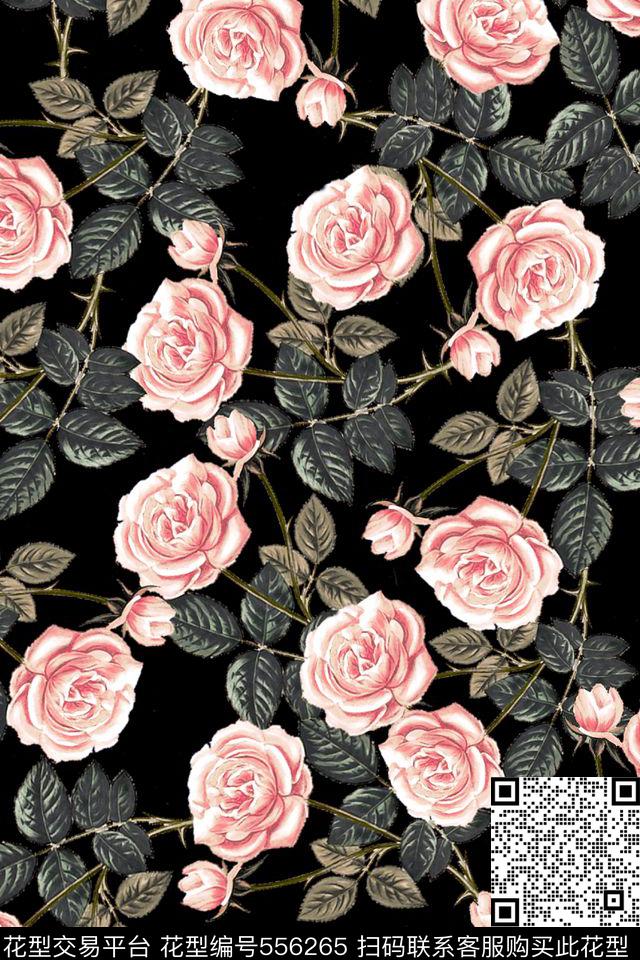 复古玫瑰花卉服装数码印花华亿平台下载（图片编号: 556265） - 瓦栏（Walan）