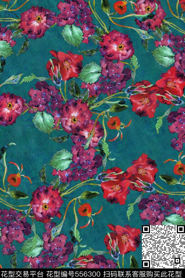 复古花卉水彩数码印花华亿平台下载（图片编号: 556300） - 瓦栏（Walan）