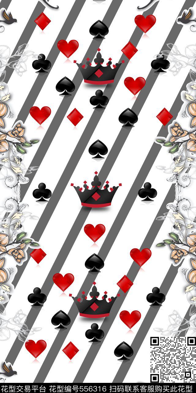 复古扑克元素花朵数码印花华亿平台下载（图片编号: 556316） - 瓦栏（Walan）