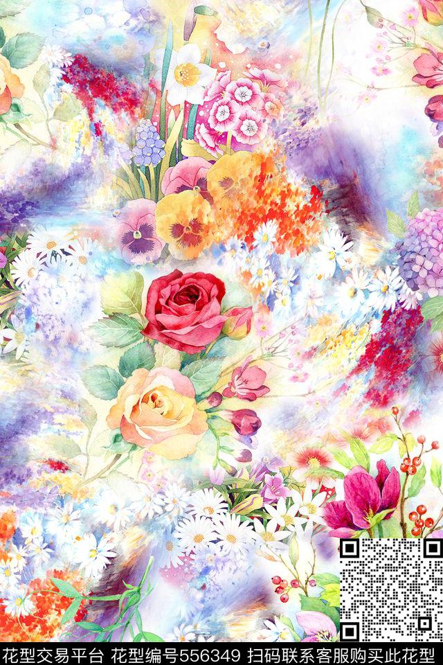 手绘基底水粉花数码印花华亿平台下载（图片编号: 556349） - 瓦栏（Walan）