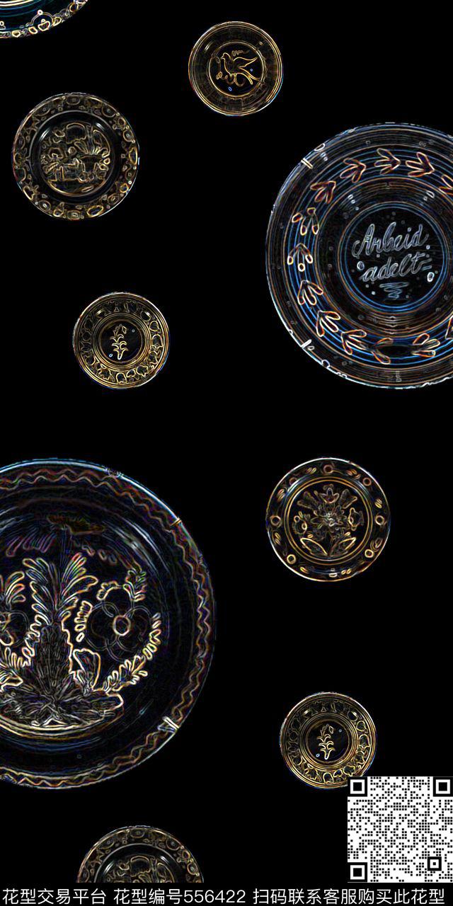 黑底几何圆盘数码印花华亿平台下载（图片编号: 556422） - 瓦栏（Walan）