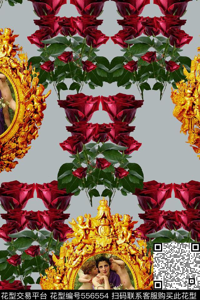 欧美大牌流行时尚妖艳玫瑰花油画人物数码印花华亿平台下载（图片编号: 556554） - 瓦栏（Walan）