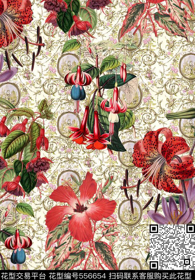欧美大牌流行时尚复古花卉数码印花华亿平台下载（图片编号: 556654） - 瓦栏（Walan）