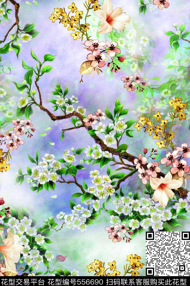 牡丹花时尚桃花数码印花华亿平台下载（图片编号: 556690） - 瓦栏（Walan）