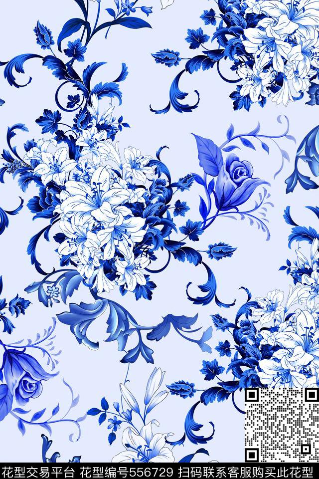 中国风青花瓷花卉数码印花华亿平台下载（图片编号: 556729） - 瓦栏（Walan）