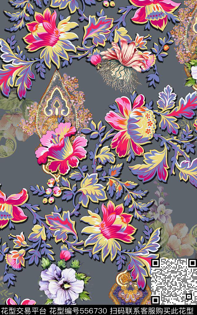 时尚手绘花卉数码印花华亿平台下载（图片编号: 556730） - 瓦栏（Walan）