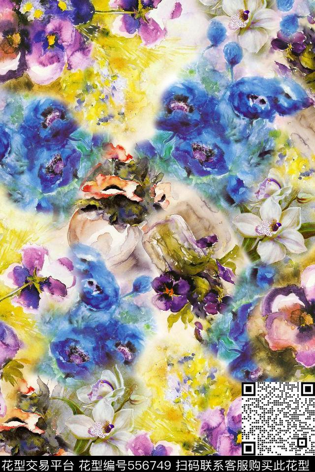 油画花朵蓝数码印花华亿平台下载（图片编号: 556749） - 瓦栏（Walan）