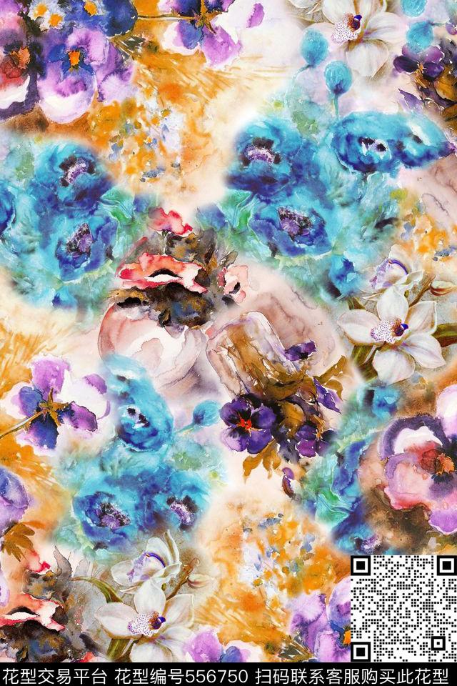 油画花朵蓝数码印花华亿平台下载（图片编号: 556750） - 瓦栏（Walan）