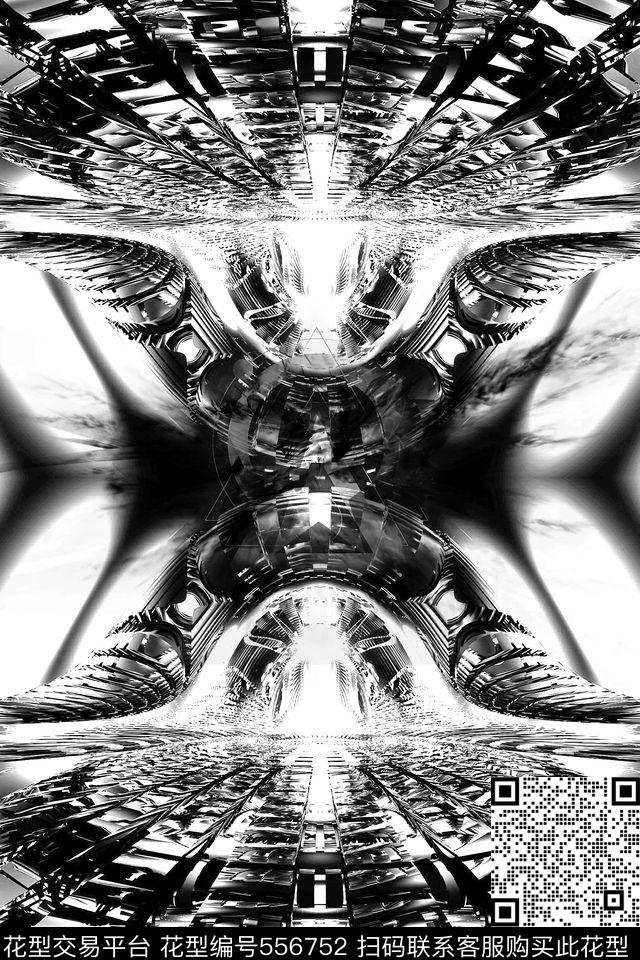 复古黑白阴阳机械数码印花华亿平台下载（图片编号: 556752） - 瓦栏（Walan）