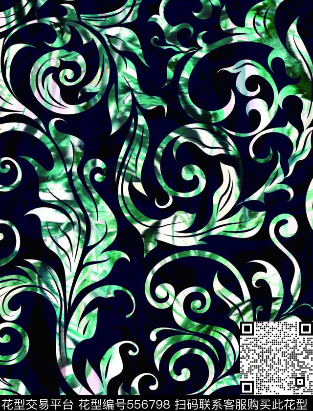欧式风花卉卷草纹　蓝色背景数码印花华亿平台下载（图片编号: 556798） - 瓦栏（Walan）