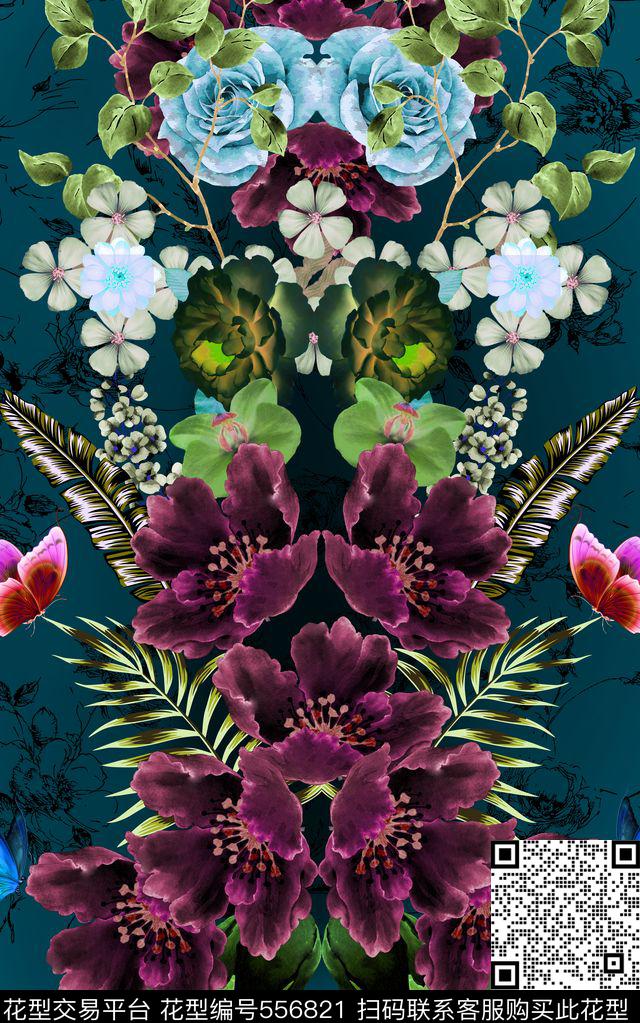 热带植物热带花卉蝴蝶数码印花华亿平台下载（图片编号: 556821） - 瓦栏（Walan）