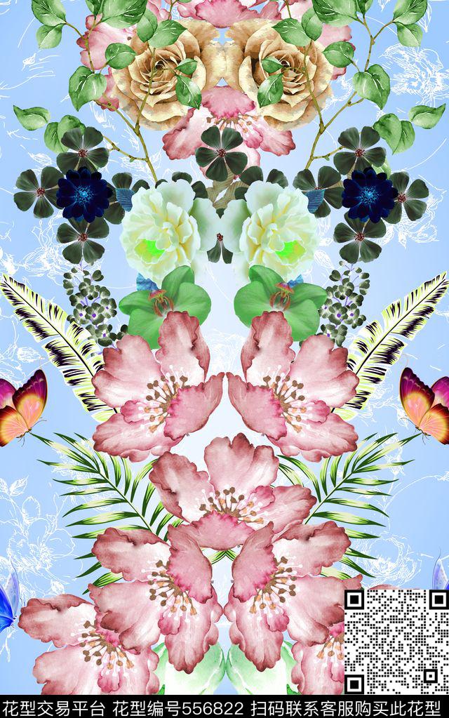 热带植物热带花卉蝴蝶数码印花华亿平台下载（图片编号: 556822） - 瓦栏（Walan）