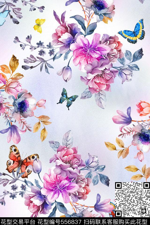 蝴蝶晕染水彩画数码印花华亿平台下载（图片编号: 556837） - 瓦栏（Walan）