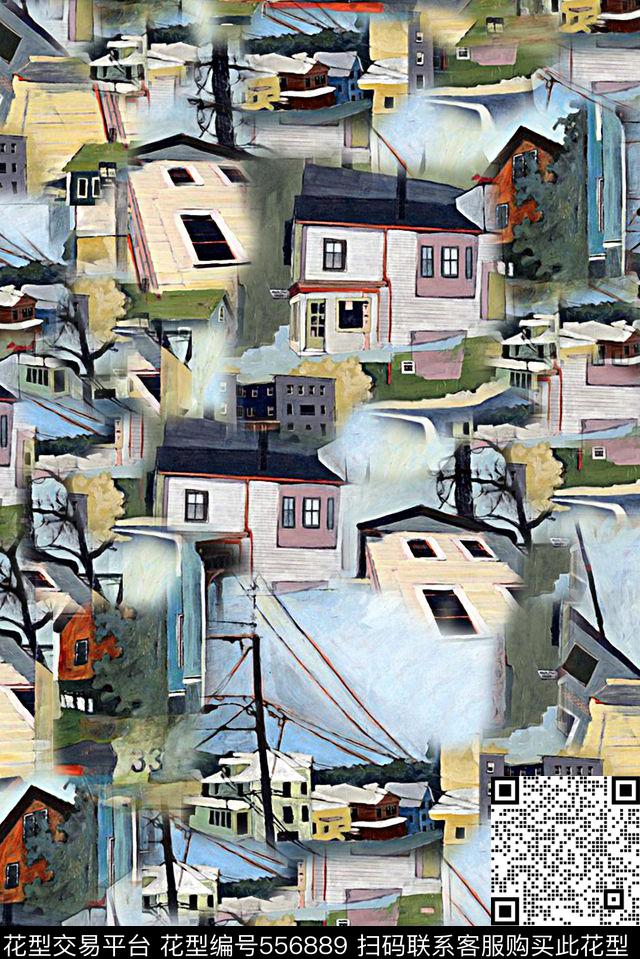 抽象欧美大牌风格乡村房子数码印花华亿平台下载（图片编号: 556889） - 瓦栏（Walan）