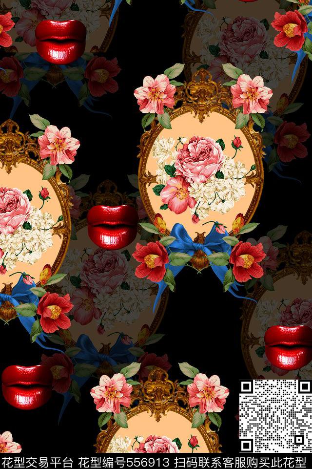 花卉复古嘴唇数码印花华亿平台下载（图片编号: 556913） - 瓦栏（Walan）