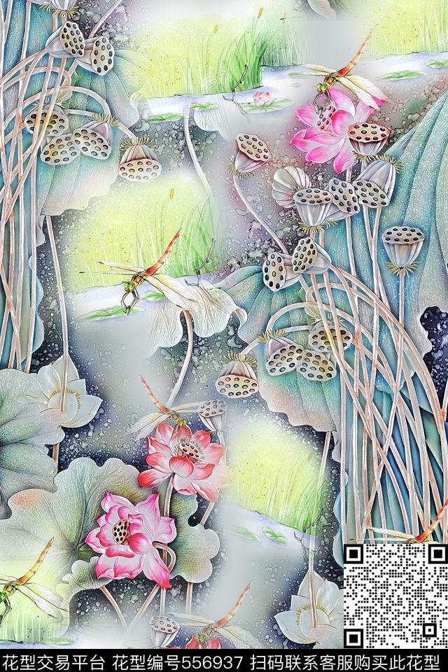 水墨荷叶自然风景风景数码印花华亿平台下载（图片编号: 556937） - 瓦栏（Walan）