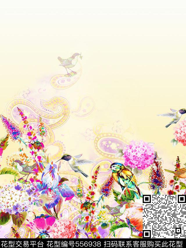 花卉鸟双边定位数码印花华亿平台下载（图片编号: 556938） - 瓦栏（Walan）