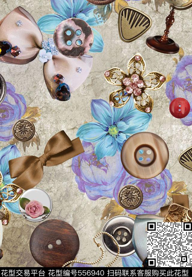 大牌女装箱包面料复古欧美纽扣珠宝表花卉数码印花华亿平台下载（图片编号: 556940） - 瓦栏（Walan）