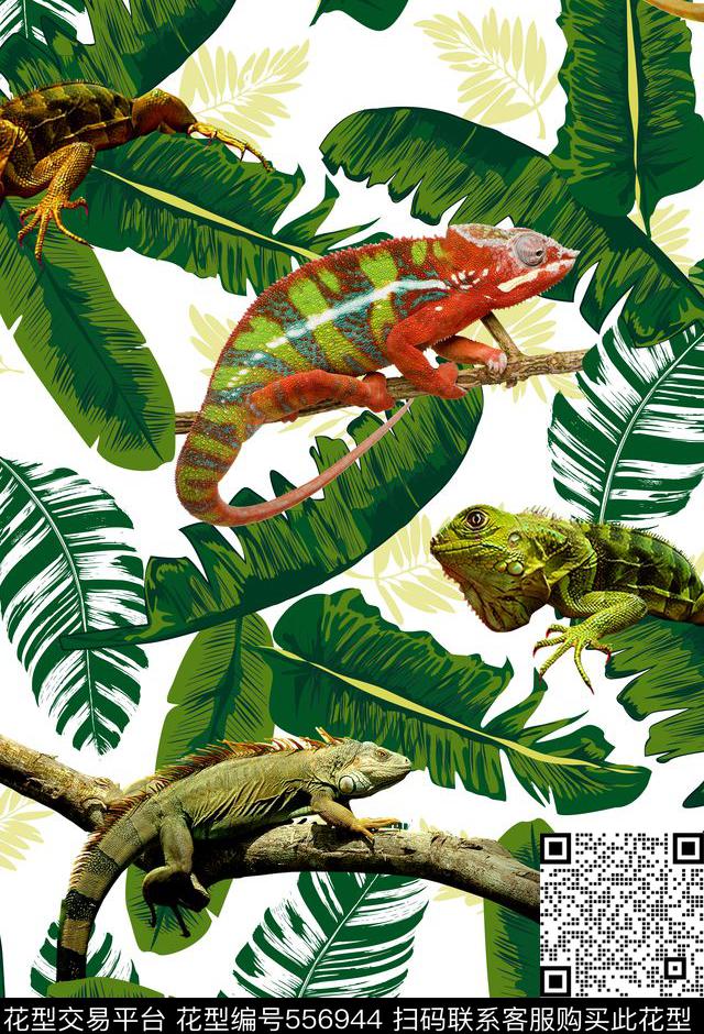 流行时尚热带绿叶变色龙蜥蜴花动物华亿平台动物纹流行时尚花卉数码印花华亿平台下载（图片编号: 556944） - 瓦栏（Walan）