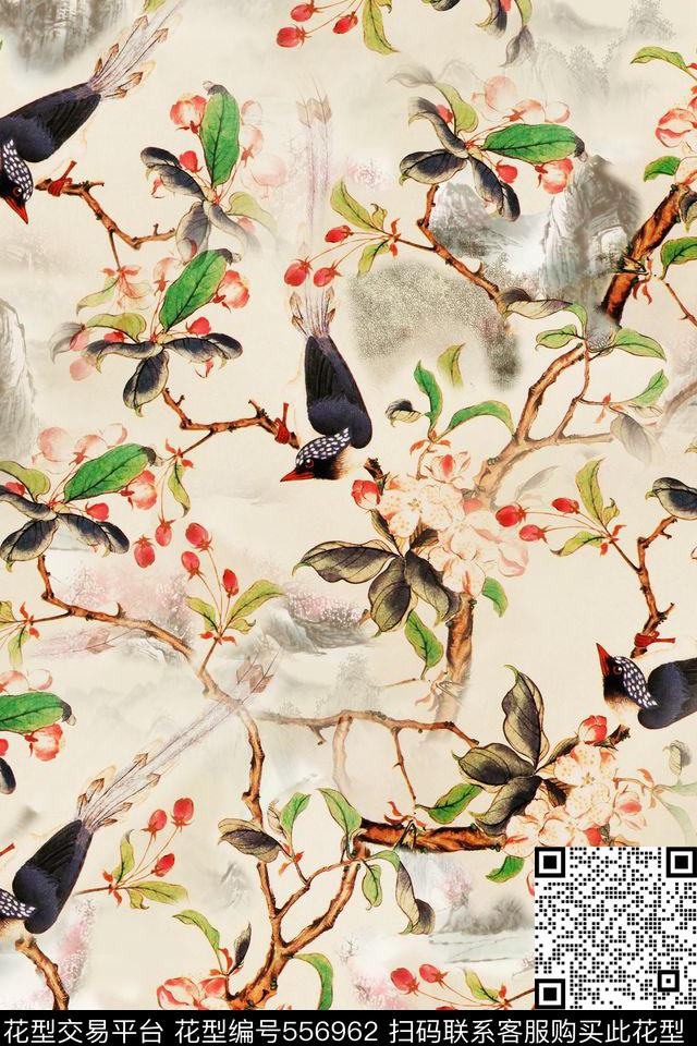 手绘中国风工笔花鸟花鸟玉兰花风景花卉女装围巾大牌连衣裙数码印花华亿平台下载（图片编号: 556962） - 瓦栏（Walan）