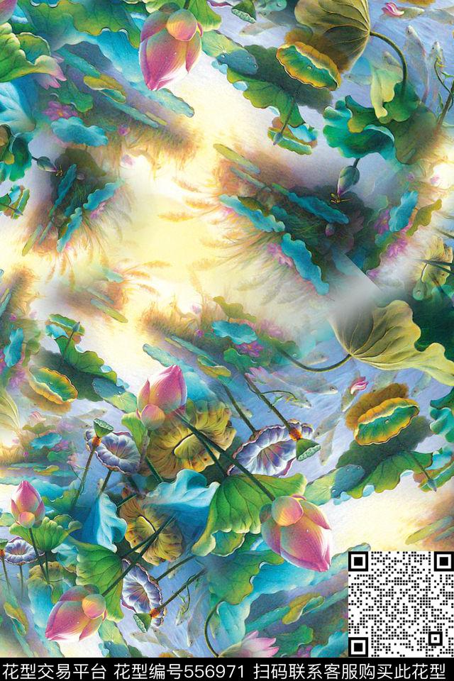 荷叶荷花风景数码印花华亿平台下载（图片编号: 556971） - 瓦栏（Walan）