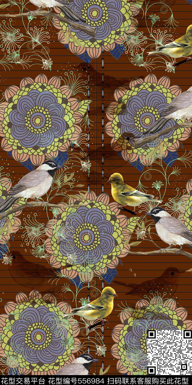 复古民族花纹喜鹊数码印花华亿平台下载（图片编号: 556984） - 瓦栏（Walan）