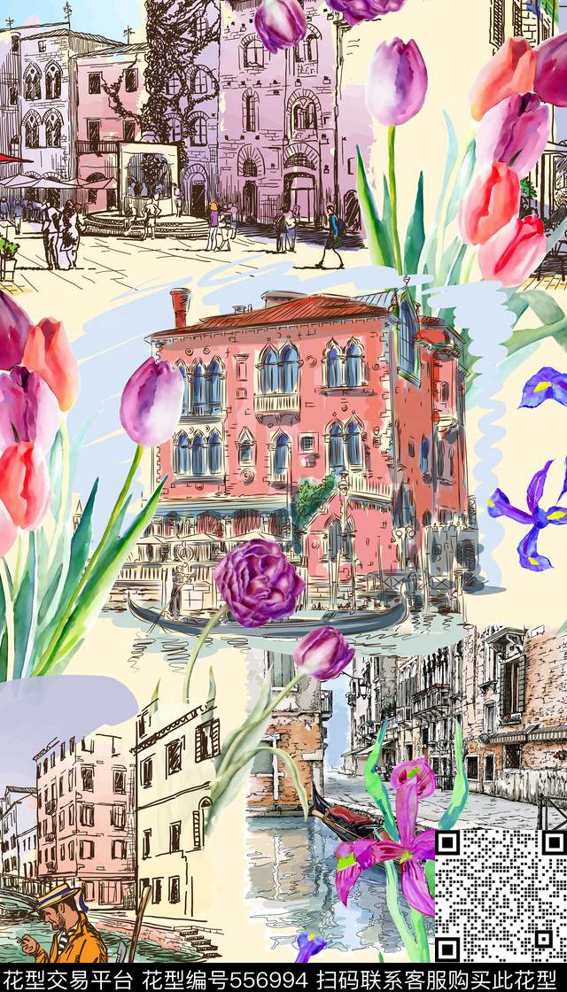 建筑时尚手绘建筑数码印花华亿平台下载（图片编号: 556994） - 瓦栏（Walan）