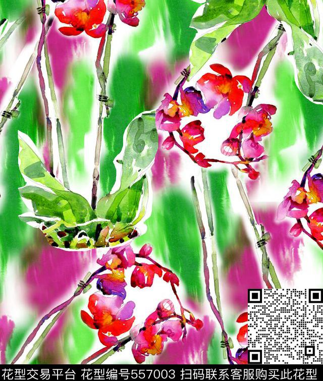 时尚潮流女装水彩花卉女装长裙图案数码印花华亿平台下载（图片编号: 557003） - 瓦栏（Walan）