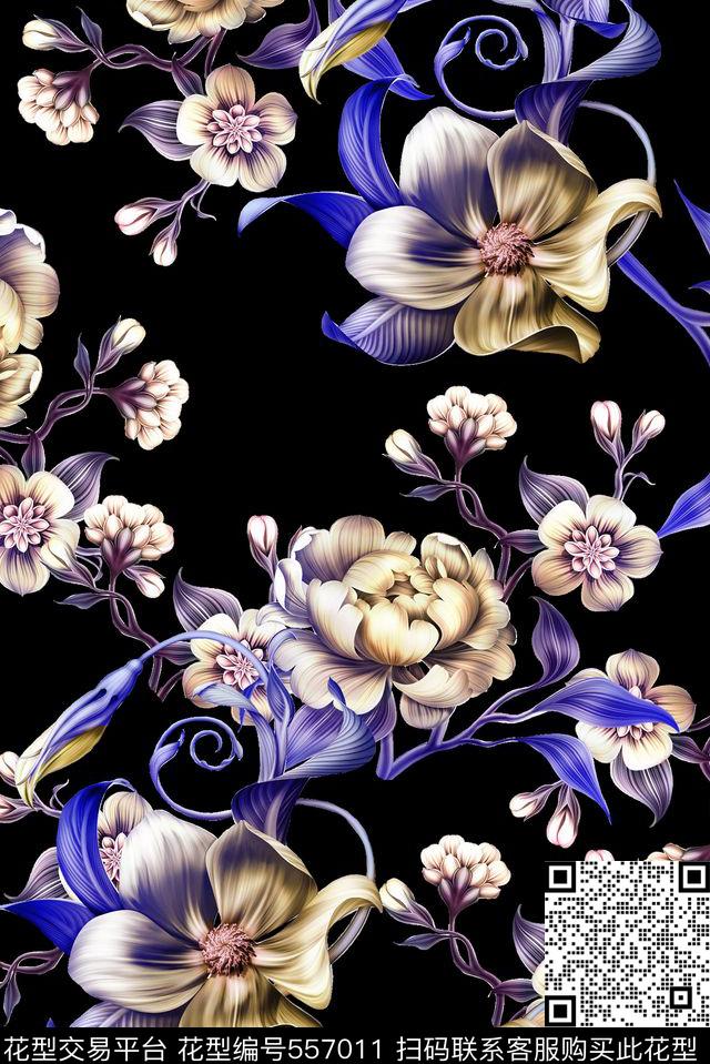 暗底深沉抽象炫彩花朵花朵手绘数码印花华亿平台下载（图片编号: 557011） - 瓦栏（Walan）