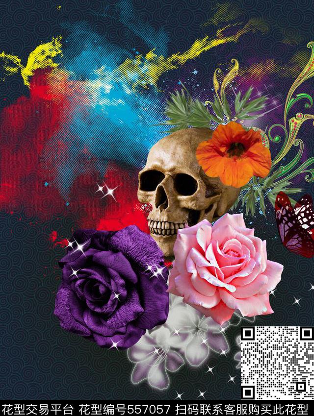 大牌定位中国风骷髅头数码印花华亿平台下载（图片编号: 557057） - 瓦栏（Walan）